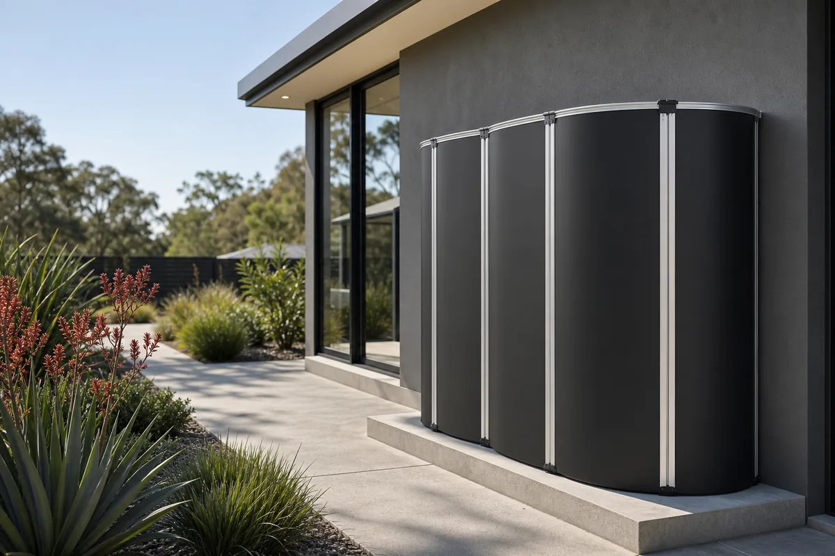 My Tank Co modular water tank finished in Colorbond Monument beside a modern home