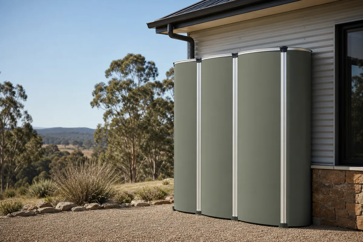 My Tank Co modular water tank finished in Colorbond Pale Eucalypt on a rural property
