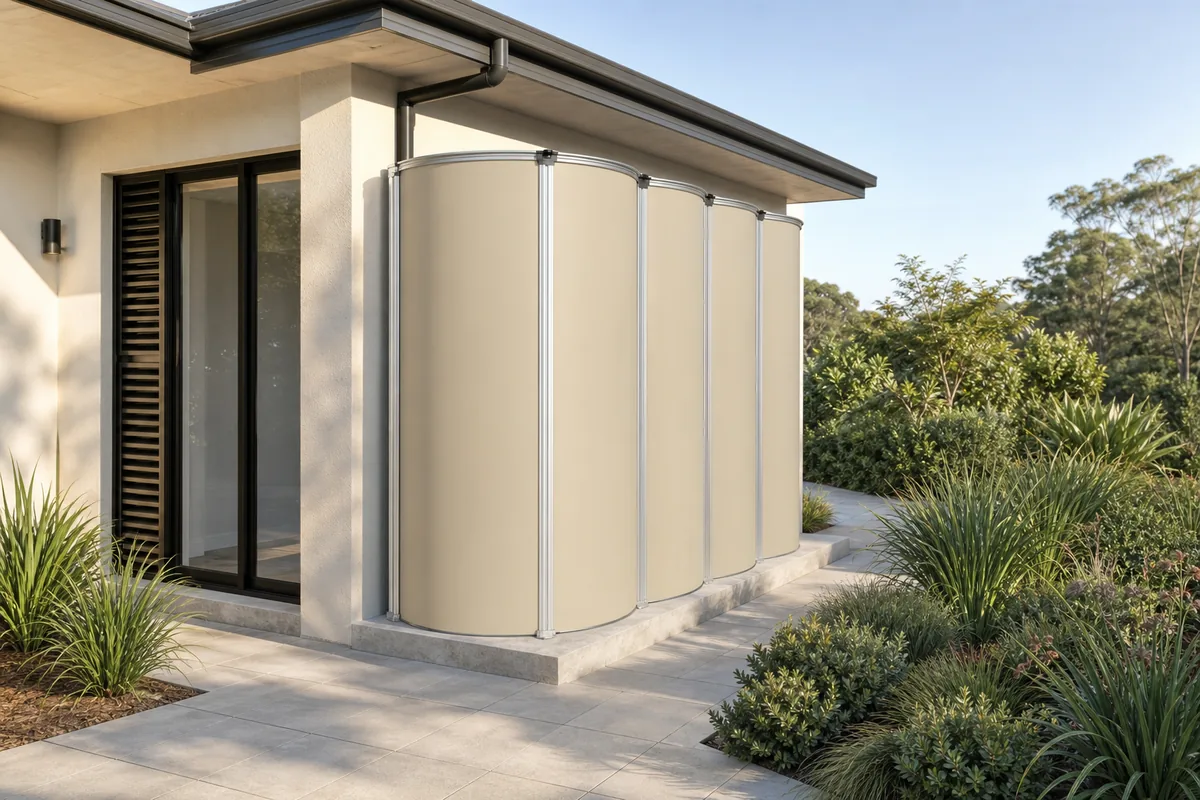 My Tank Co modular water tank finished in Colorbond Paperbark beside a rendered home