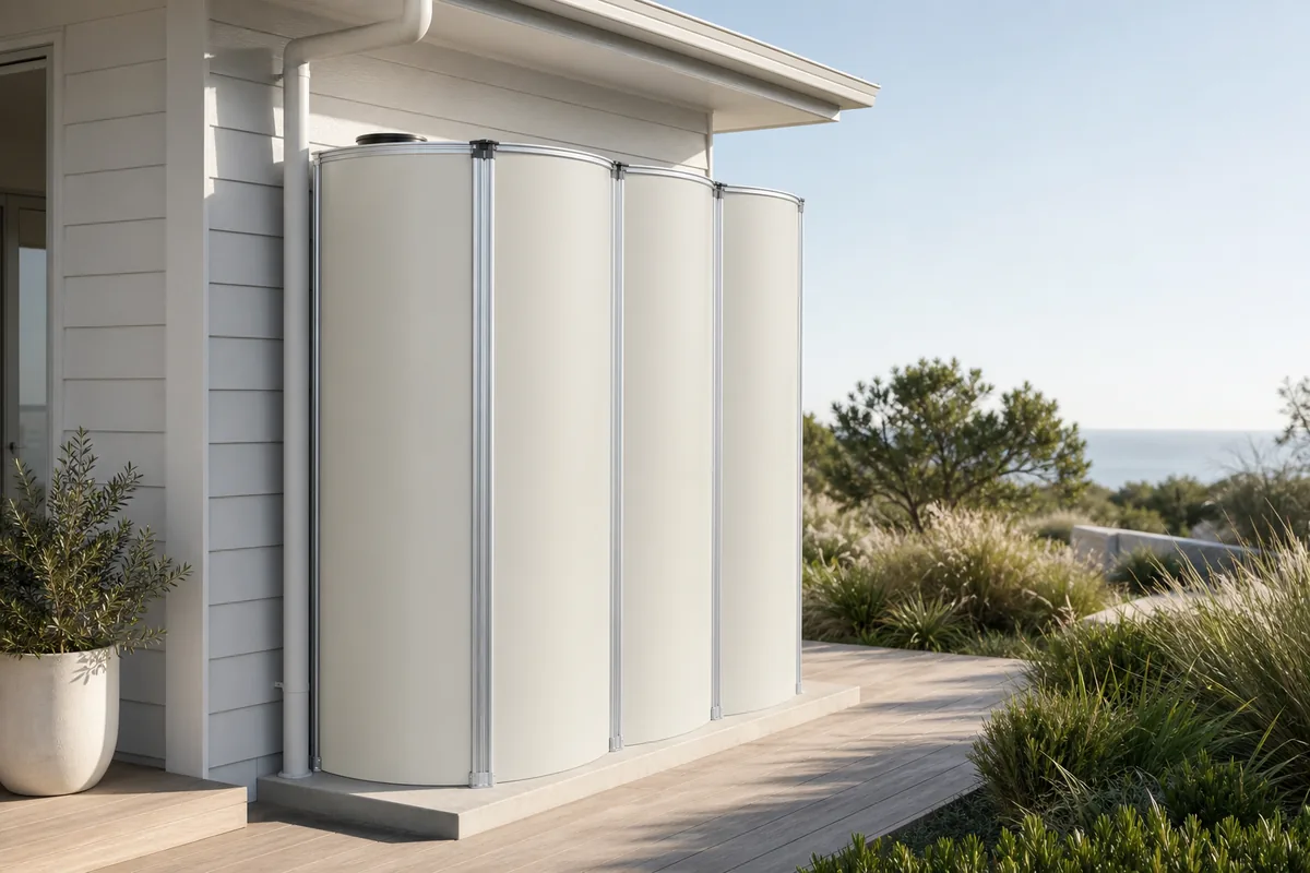 My Tank Co modular water tank finished in Colorbond Surfmist beside a coastal home