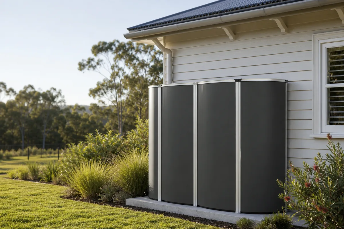 My Tank Co modular water tank finished in Colorbond Woodland Grey beside a weatherboard home