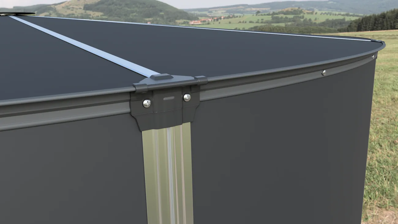 Raw aluminium vertical extrusion joining two My Tank Co wall panels