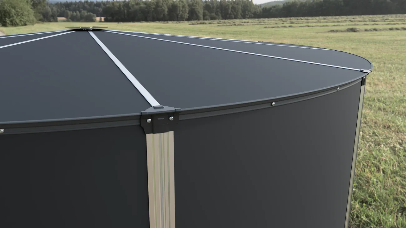 Curved raw aluminium roof rim and colour-matched joint on a My Tank Co tank