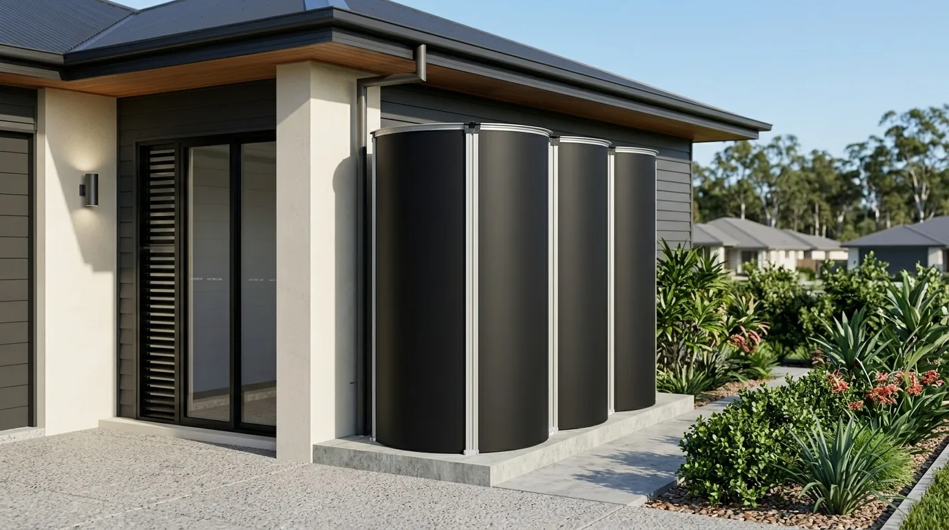 My Tank Co slimline tanks beside a modern infill home