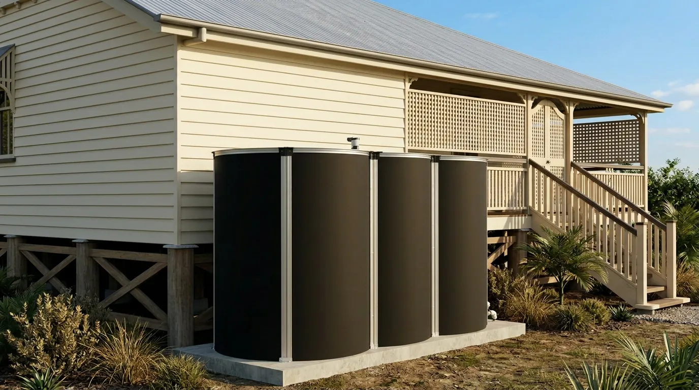 My Tank Co slimline tanks beside a classic Queenslander